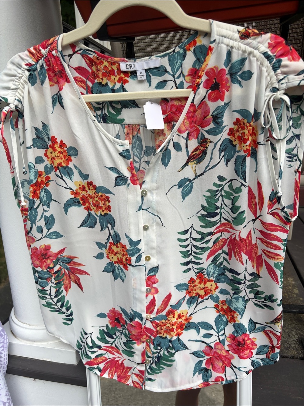 DR2 Cream Floral Button-Front Blouse with Red & Green Accents